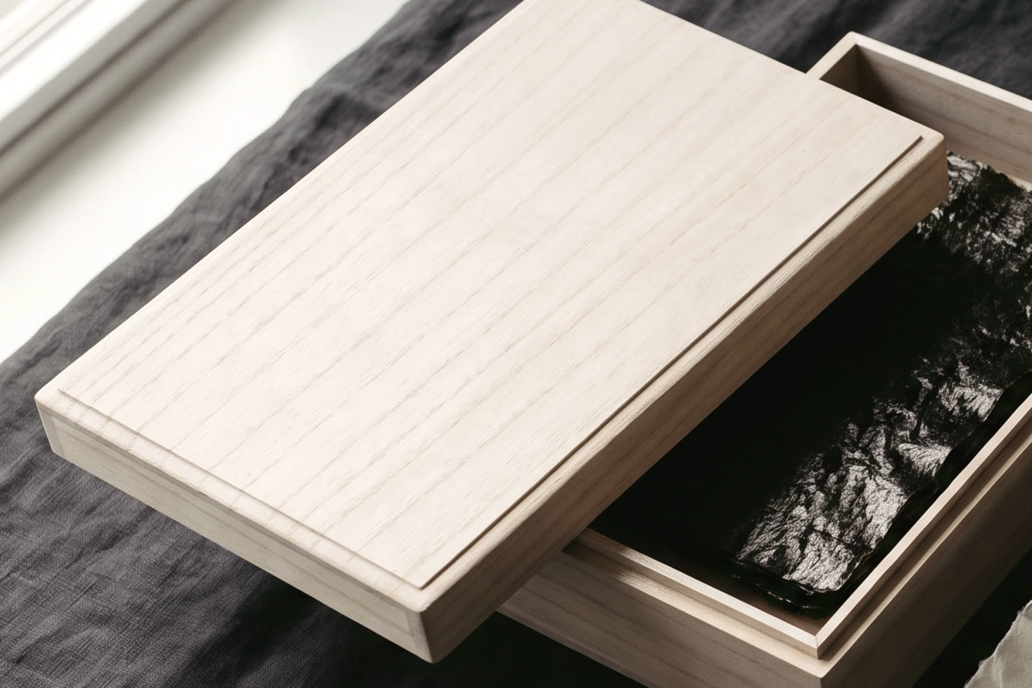 A paulownia gift box with its lid drawn aside