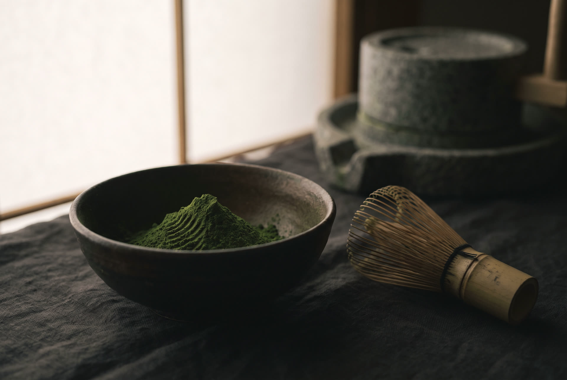 Ceremonial matcha in a black tea bowl